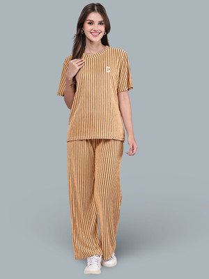 bamboo breeze Women Striped Beige Top & Pyjama Set