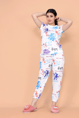 FEBVIBE Women Printed White Top & Pyjama Set