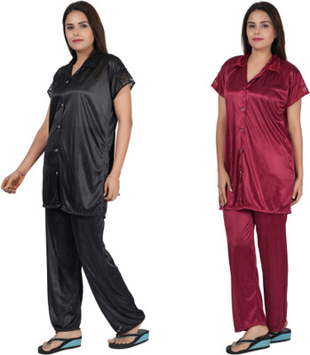 INSTRY Women Solid Black, Purple Night Suit Set