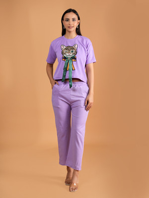 METRONAUT Women Animal Print Purple Night Suit Set