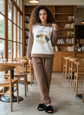 SKG Women Self Design Brown, White Night Suit Set