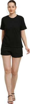 The Unicharm Women Solid Black Top & Shorts Set