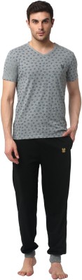 VIMAL JONNEY Men Printed, Solid Silver, Black Top & Pyjama Set