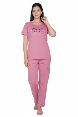 AWIBE Women Printed Pink Night Suit Set