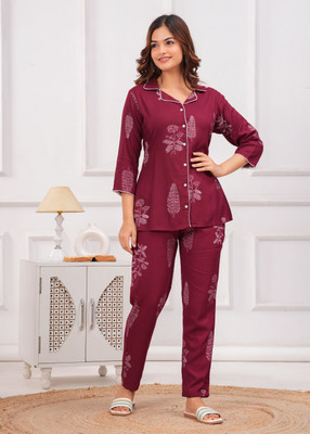 CLOTHING CULTURE Women Printed Maroon Shirt & Pyjama set