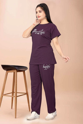 SJV Women Printed Purple Night Suit Set