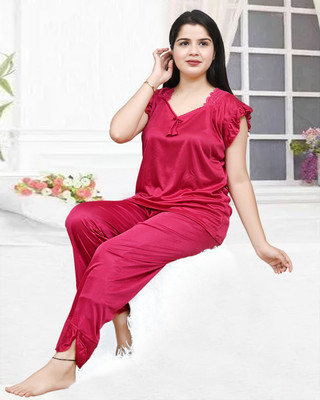 SHIONAWEARS Women Solid Pink Night Suit Set