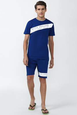 PETER ENGLAND Men Graphic Print Blue Top & Shorts Set
