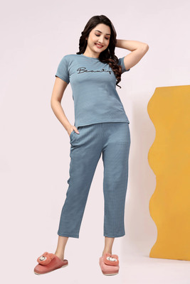 PTELRA Women Printed Light Blue Night Suit Set