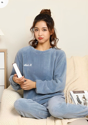 PKF Women Solid Blue Night Suit Set