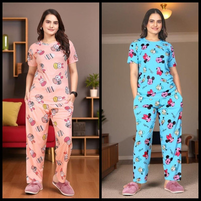 FASHION GREAB Women Printed Pink Top & Pyjama Set