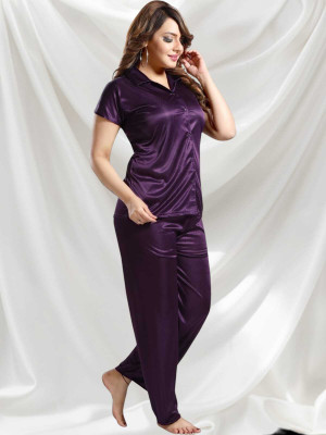 HouseOfCommon Women Solid Purple Night Suit Set