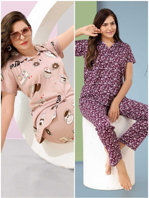 Trade Zone Women Floral Print Multicolor Shirt & Pyjama set