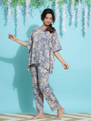 Sanskrutihomes Women Printed Blue, Grey Night Suit Set