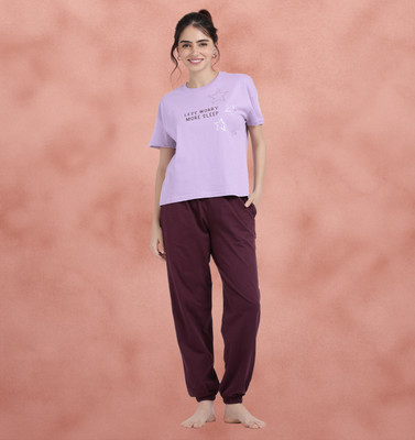 shyaway Women Printed, Solid Purple Top & Pyjama Set