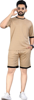 NISPRUH Men Striped Beige Night Suit Set