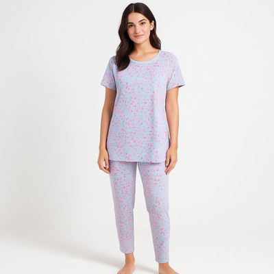 KLS Women Printed White Night Suit Set