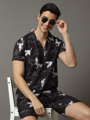 Bushirt Men Printed Black Night Suit Set