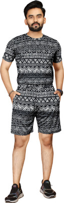 KAVINA Men Striped Black, White Night Suit Set
