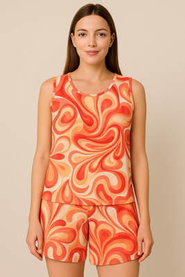 FOLENNE Women Printed Orange Night Suit Set