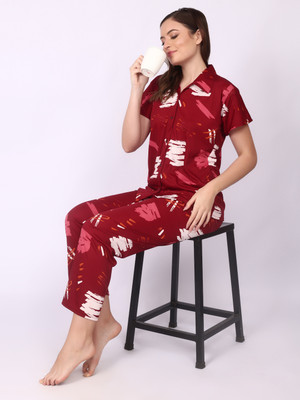 Lovira Women Abstract Maroon Shirt & Pyjama set