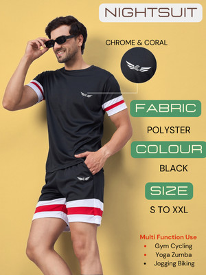 Chrome & Coral Men Striped Black Night Suit Set