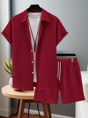 GLORI STAR Men Striped Maroon Night Suit Set