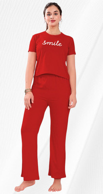 nityatrends Women Solid Maroon Night Suit Set