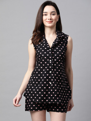 AKSHUNU Women Printed Black Top & Shorts Set