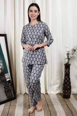 ALLEN WEAVE Women Printed Grey Top & Pyjama Set