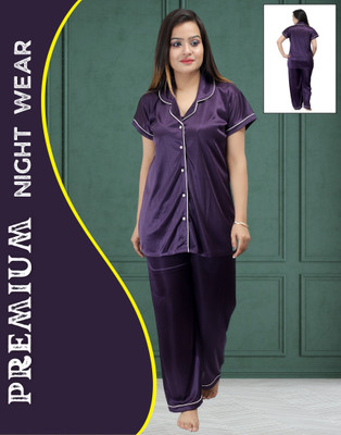 Ansh Collection Women Solid Purple Night Suit Set