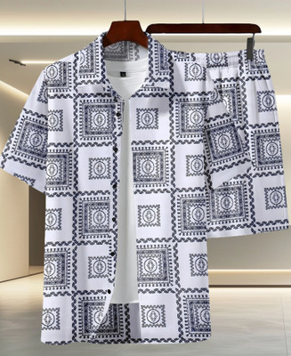 Varni Creation Men Floral Print White, Grey Night Suit Set
