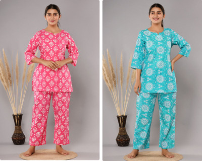 hustle bustle Women Printed Blue, Pink Night Suit Set