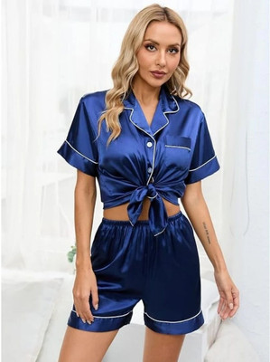 Vd hub Women Solid Dark Blue Night Suit Set