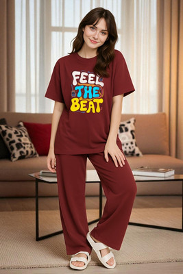 Elvia Women Printed Maroon Night Suit Set