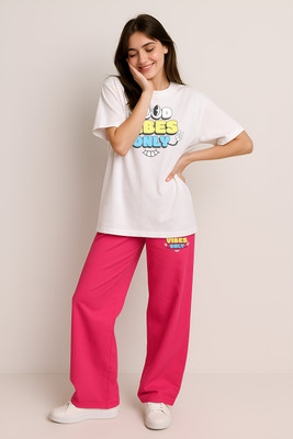Shonisha Women Printed White, Red Top & Pyjama Set