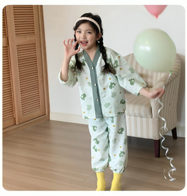 Lugo Boys & Girls Printed Light Green Night Suit Set