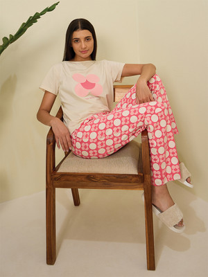 SWEET DREAMS Women Printed Beige, Pink Top & Pyjama Set