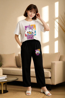 Elvia Women Printed Black Top & Pyjama Set