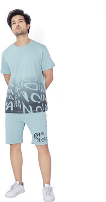 WEET Men Printed Light Blue Top & Shorts Set