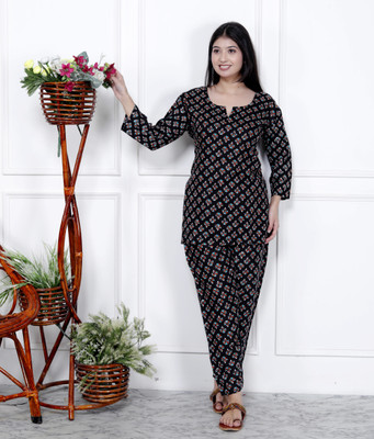 mezgown Women Printed Black Night Suit Set