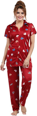h r creation Women Printed Red Shirt & Pyjama set