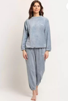PKF Women Solid, Embroidered Blue Night Suit Set