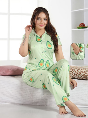 Qunity Women Printed Light Green Night Suit Set
