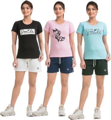 STYLE AK Women Solid Black, Pink, Light Blue Top & Shorts Set