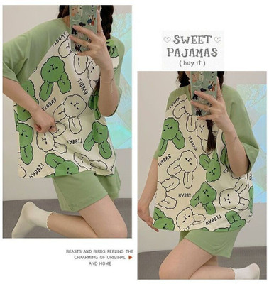 Lugo Women Printed Green Night Suit Set