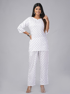 KRATI CREATIONS Women Polka Print White Night Suit Set