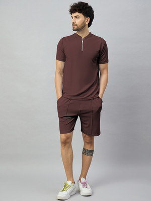 Chrome & Coral Men Solid Brown Night Suit Set