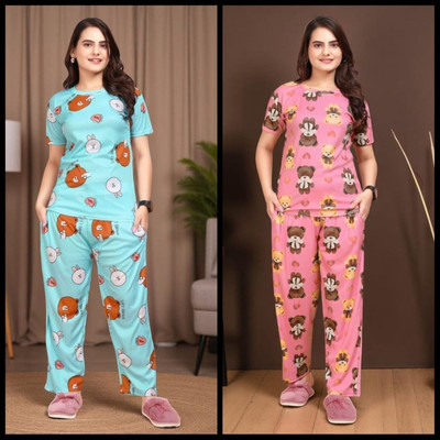 FASHION GREAB Women Printed Pink Top & Pyjama Set