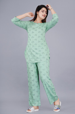 PRADHRUHE Women Printed Light Green Top & Pyjama Set